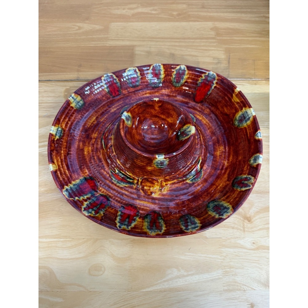 Vintage Ceramic Glazed Sombrero Hat Chip & Dip Platter Bowl